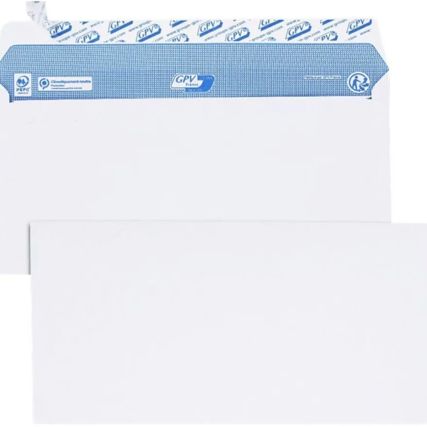 GPV - 200 Pochettes Enveloppes DL 110 x 220 mm - 90 gr - sans fenêtre - blanc - bande adhésive ouverture rapide