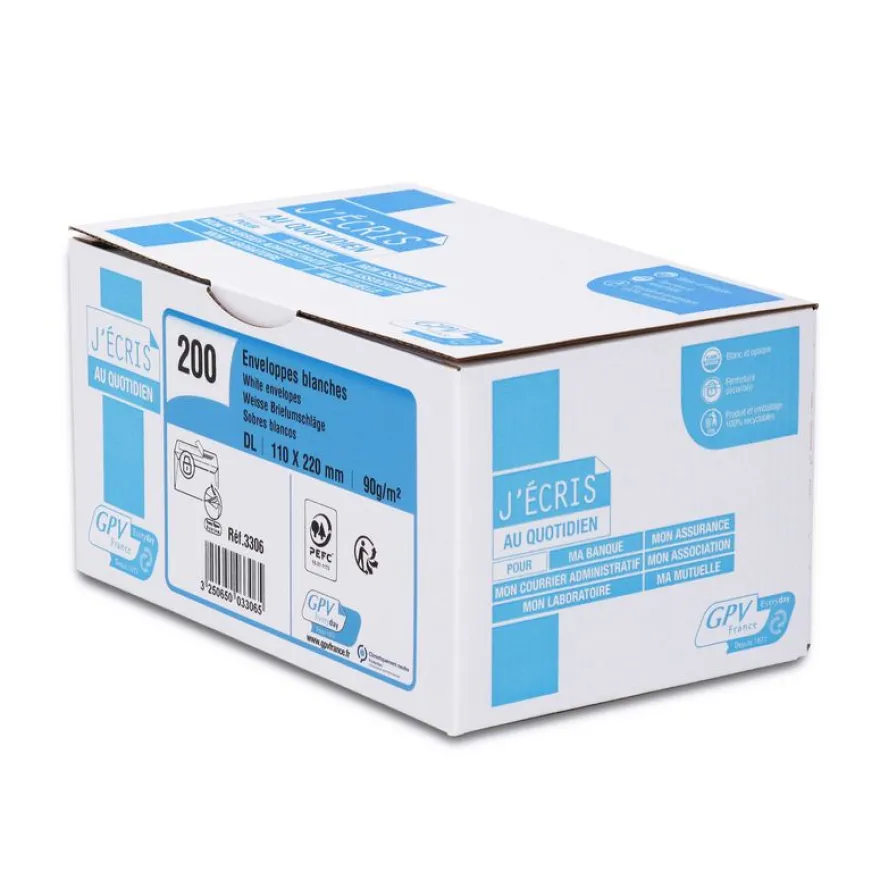 GPV - 200 Pochettes Enveloppes DL 110 x 220 mm - 90 gr - sans fenêtre - blanc - bande adhésive ouverture rapide