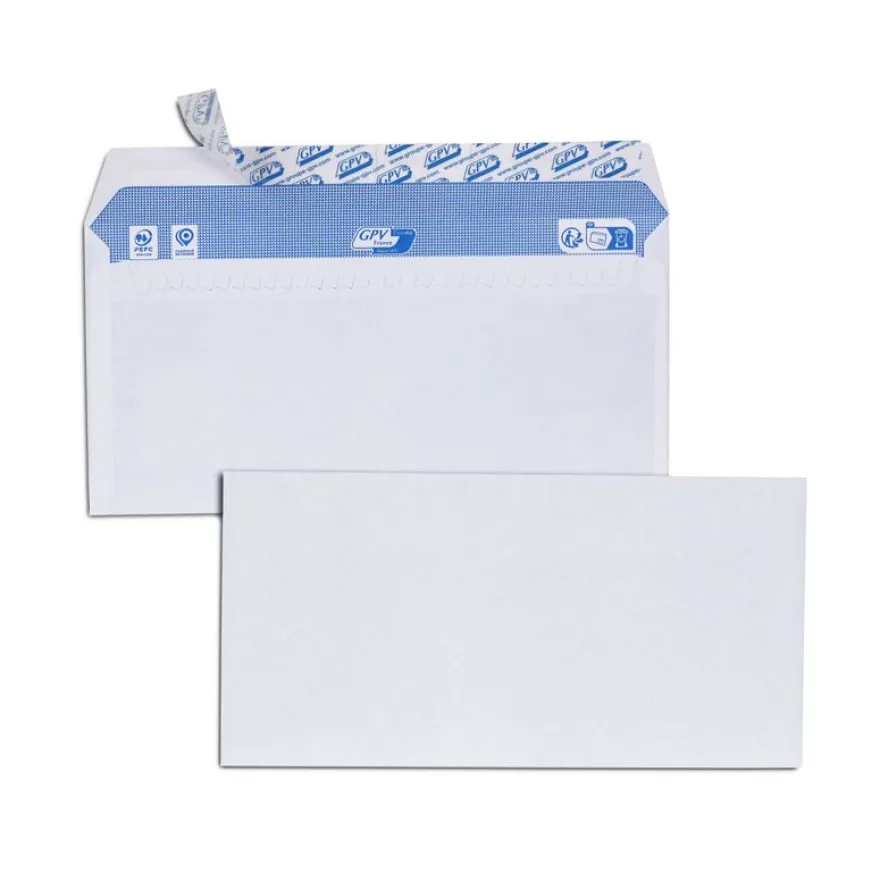 GPV - boîte de 500 enveloppes blanches - DL 110x220 90 g/m² - bande de protection