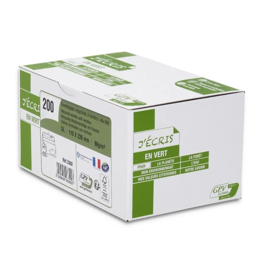 GPV Green - 200 Enveloppes recyclées DL 110 x 220 mm - 80 gr - fenêtre 45x100 mm - blanc - bande adhésive ouverture rapide