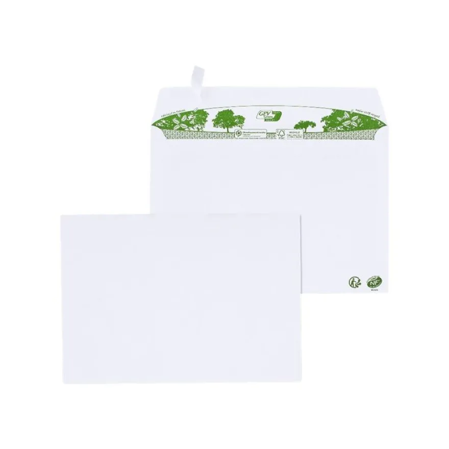 GPV Green - 200 Enveloppes recyclées C5 162 x 229 mm - 80 gr - sans fenêtre - blanc - bande adhésive ouverture rapide