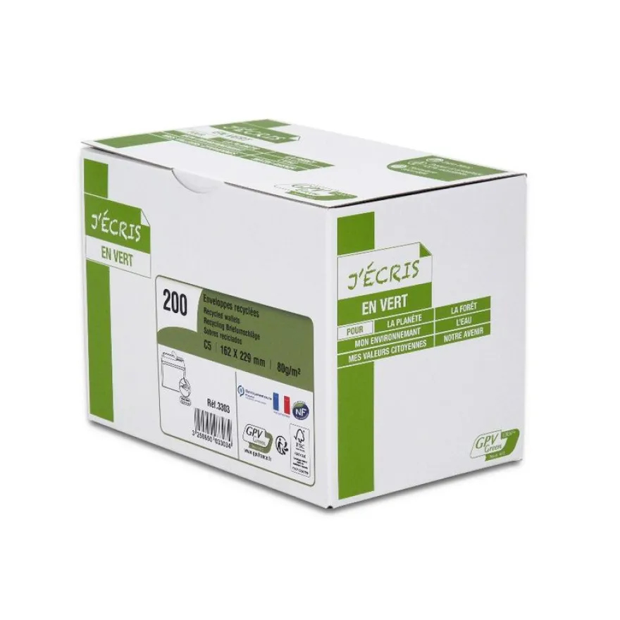 GPV Green - 200 Enveloppes recyclées C5 162 x 229 mm - 80 gr - sans fenêtre - blanc - bande adhésive ouverture rapide