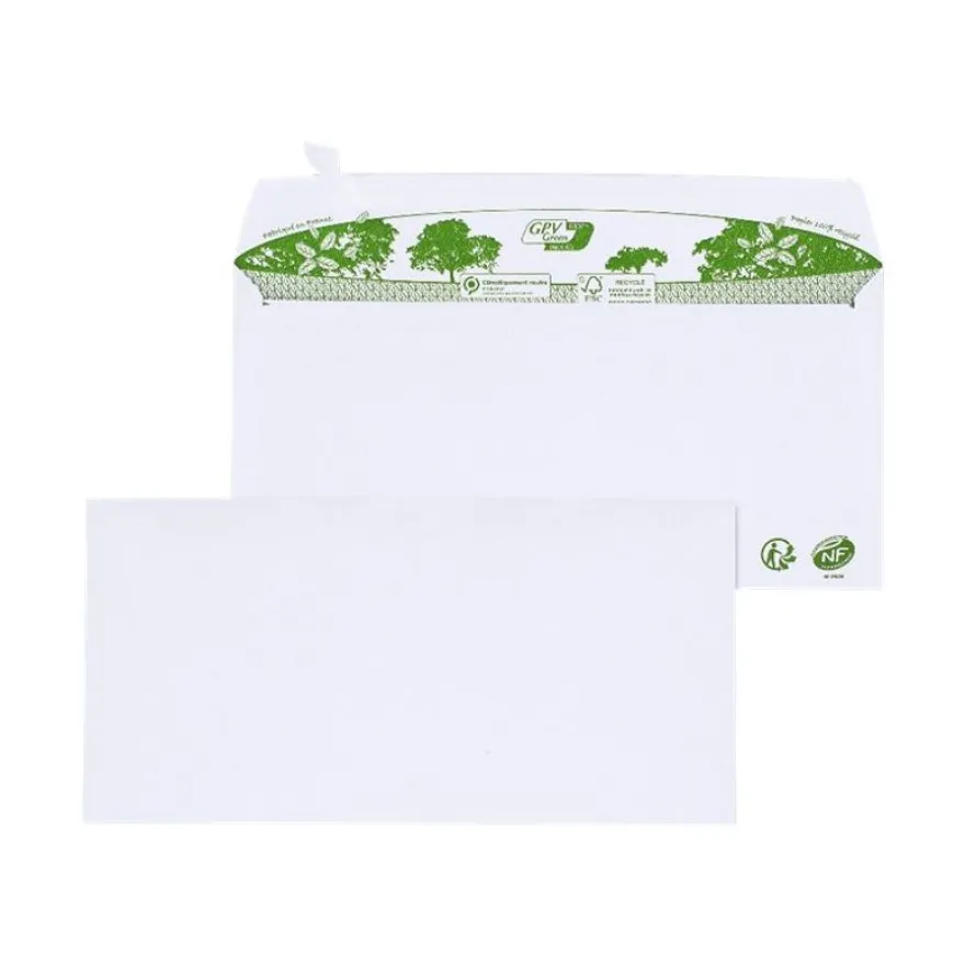 GPV Green - 200 Enveloppes recyclées DL 110 x 220 mm - 80 gr - sans fenêtre - blanc - bande adhésive ouverture rapide