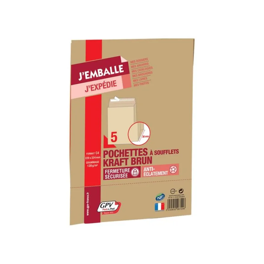 GPV Pack'n Post - 5 Pochettes kraft à soufflets C4 229 x 324 mm - 120 gr - bande auto-adhésive