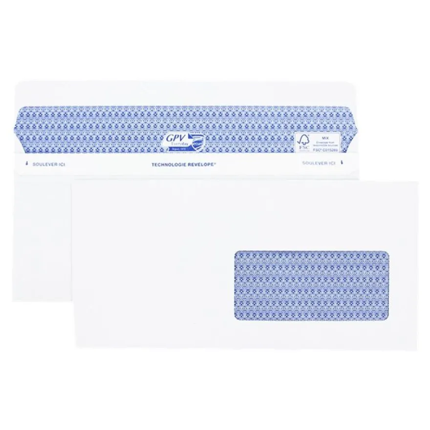 GPV Secure - 100 Enveloppes DL+ 112 x 225 mm - 90 gr - fenêtre 45x100 mm - blanc - autocollante