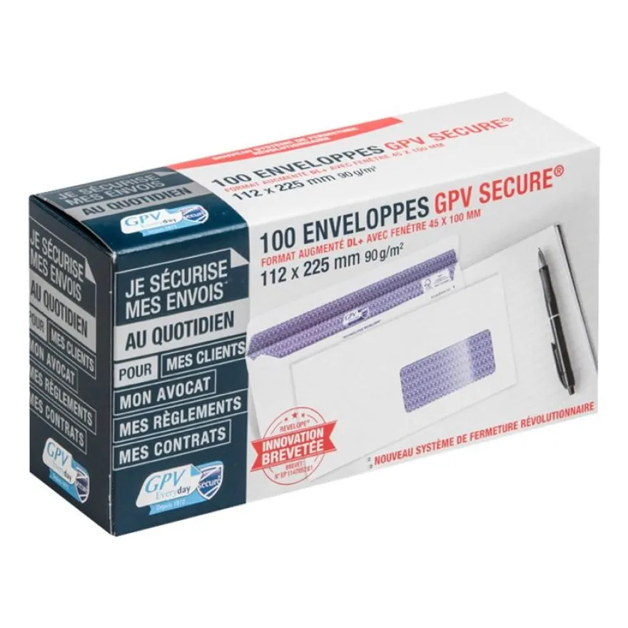 GPV Secure - 100 Enveloppes DL+ 112 x 225 mm - 90 gr - fenêtre 45x100 mm - blanc - autocollante