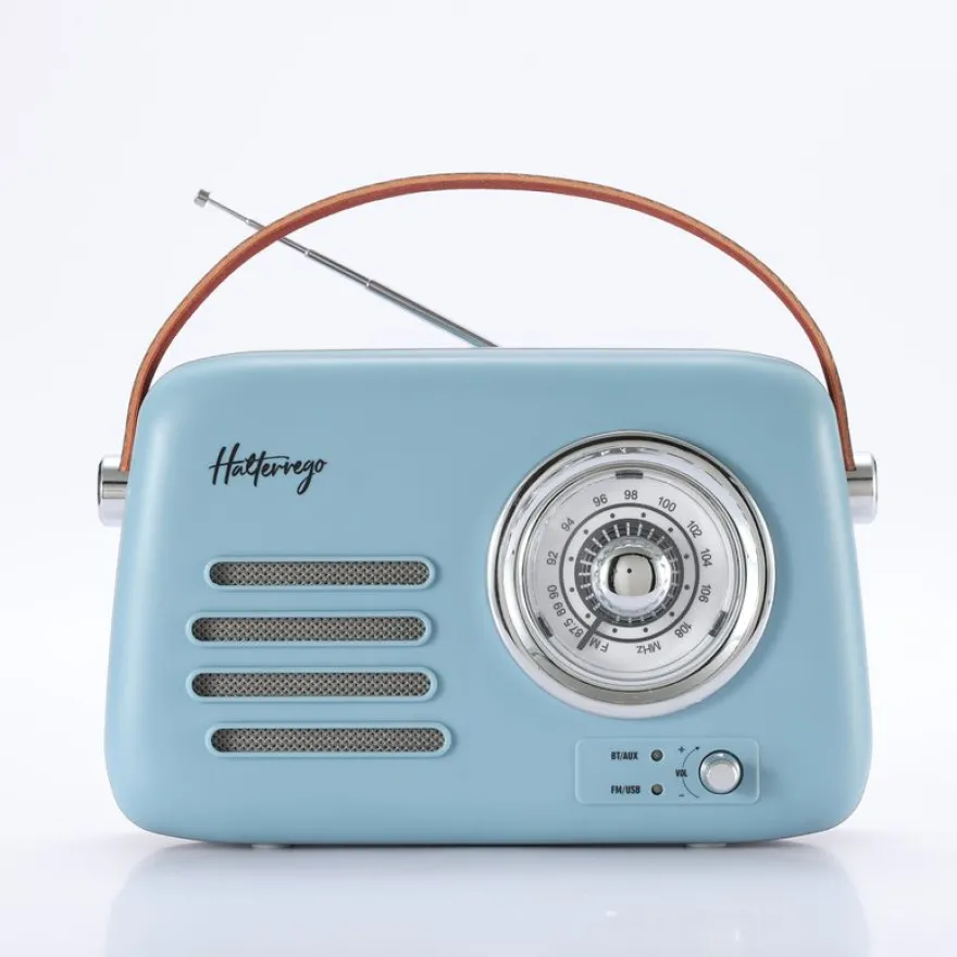 Halterrego - Radio vintage - Bluetooth, Radio FM, lecteur USB, Aux In Aux IN - Batterie rechargeable - bleu ciel
