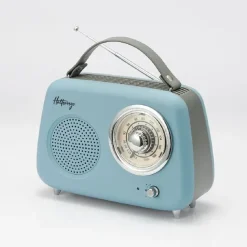 Halterrego - Radio vintage - Bluetooth, Radio FM, lecteur USB, Aux In Aux IN - Batterie rechargeable - bleu ciel