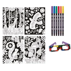 Jeu de coloriage 3D avec 4 planches animaux - 6 feutres double pointe et lunettes 3D incluses