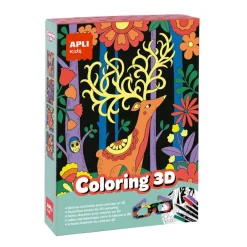 Jeu de coloriage 3D avec 4 planches animaux - 6 feutres double pointe et lunettes 3D incluses
