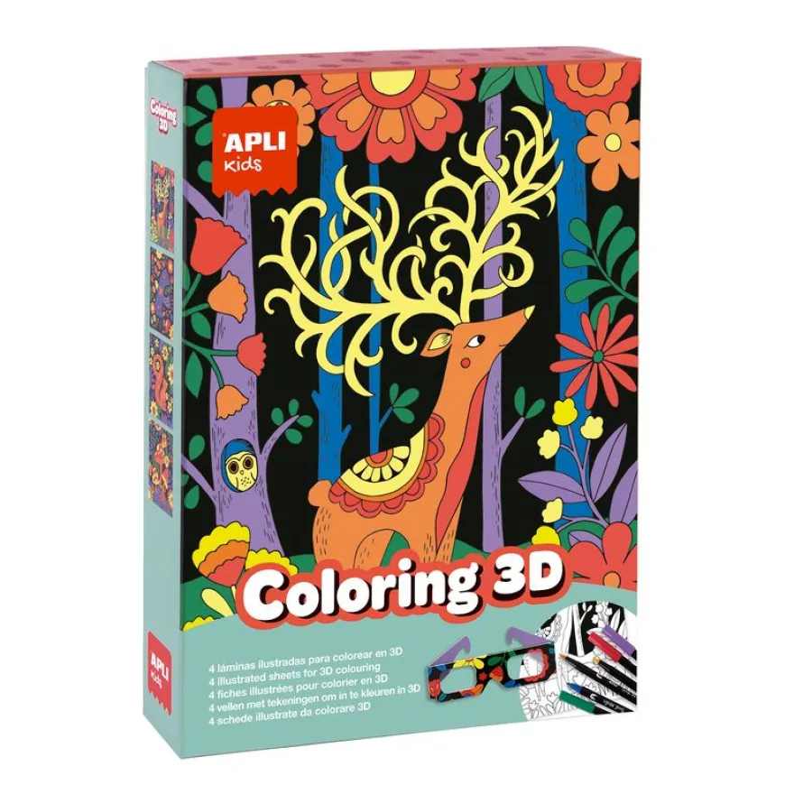 Jeu de coloriage 3D avec 4 planches animaux - 6 feutres double pointe et lunettes 3D incluses