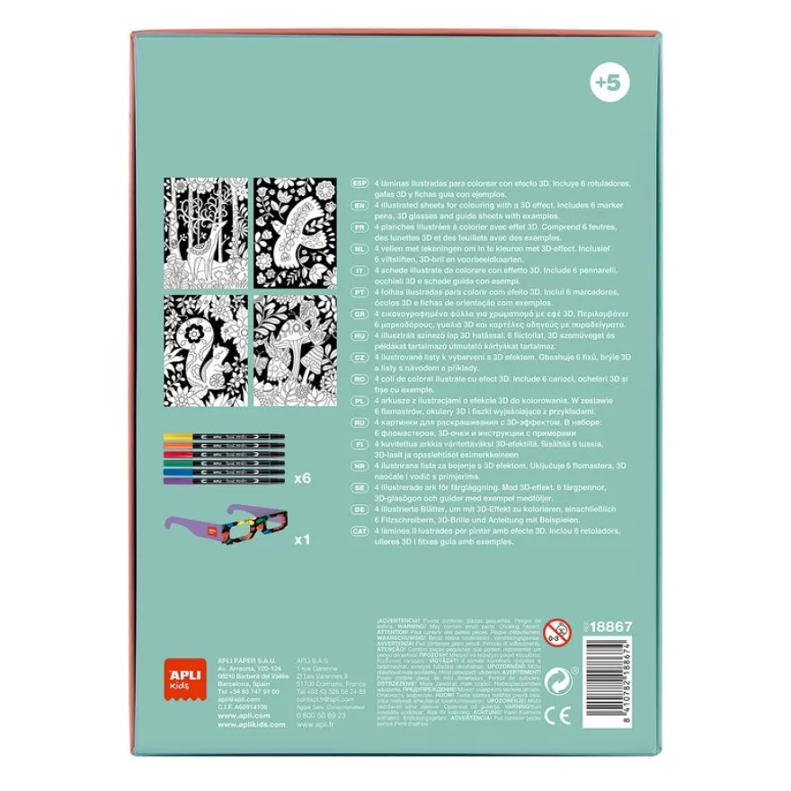 Jeu de coloriage 3D avec 4 planches animaux - 6 feutres double pointe et lunettes 3D incluses