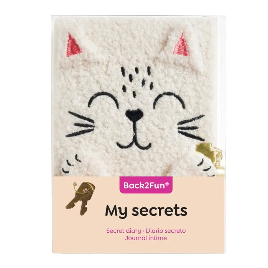 Journal intime chat en peluche avec oreilles en relief - visage brodé et cadenas - 80 pages 80 g