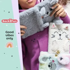 Journal intime chat en peluche avec oreilles en relief - visage brodé et cadenas - 80 pages 80 g