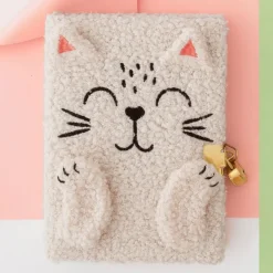 Journal intime chat en peluche avec oreilles en relief - visage brodé et cadenas - 80 pages 80 g