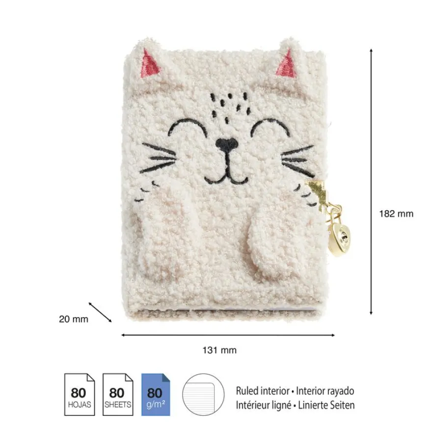 Journal intime chat en peluche avec oreilles en relief - visage brodé et cadenas - 80 pages 80 g