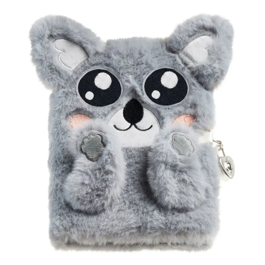 Journal intime koala en peluche avec oreilles en relief - visage brodé - cadenas et 80 pages lignées 80 g