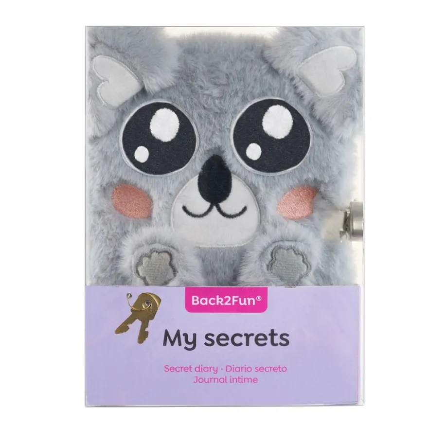 Journal intime koala en peluche avec oreilles en relief - visage brodé - cadenas et 80 pages lignées 80 g