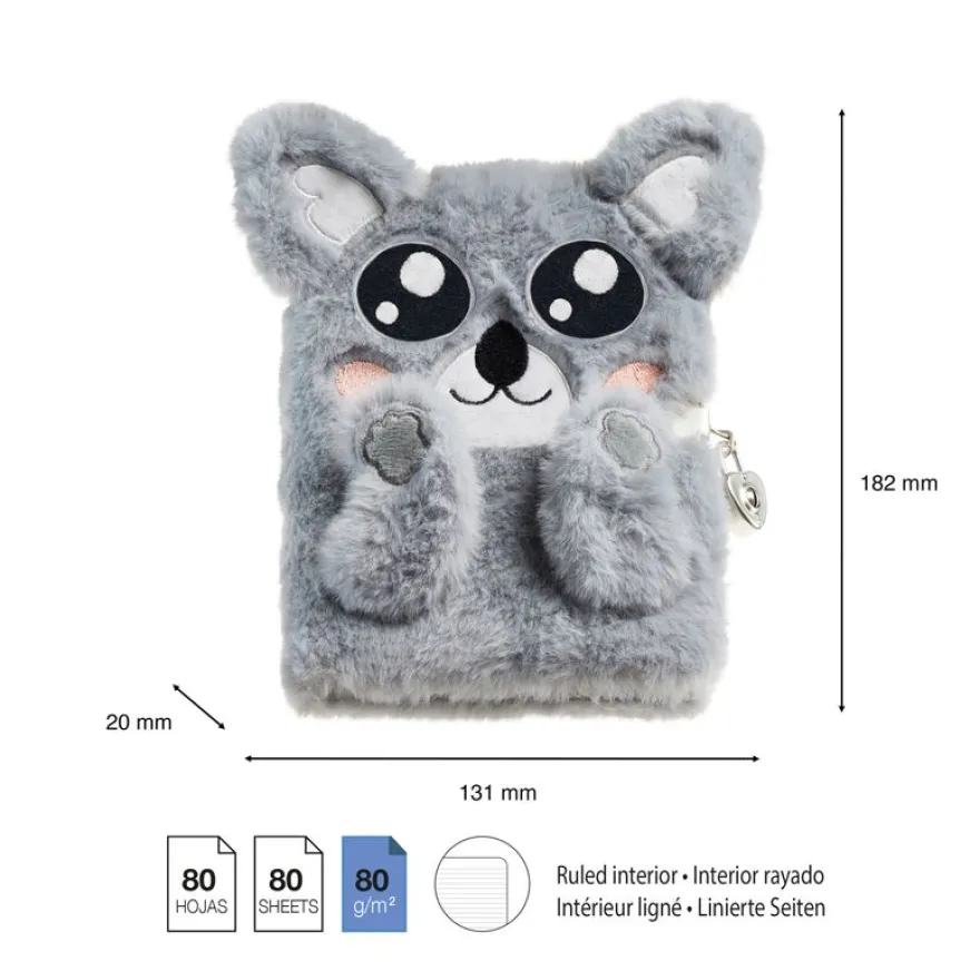 Journal intime koala en peluche avec oreilles en relief - visage brodé - cadenas et 80 pages lignées 80 g