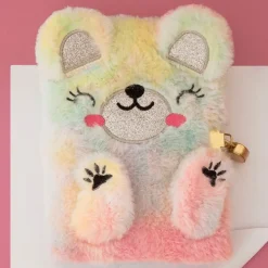 Journal intime ours en peluche avec oreilles en relief - visage brodé - cadenas - 80 pages lignées 80 g