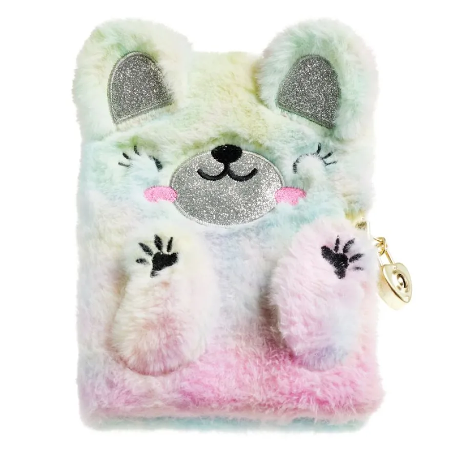 Journal intime ours en peluche avec oreilles en relief - visage brodé - cadenas - 80 pages lignées 80 g