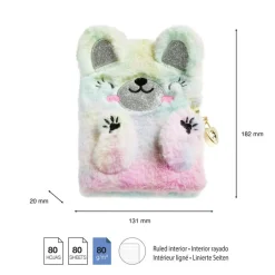 Journal intime ours en peluche avec oreilles en relief - visage brodé - cadenas - 80 pages lignées 80 g