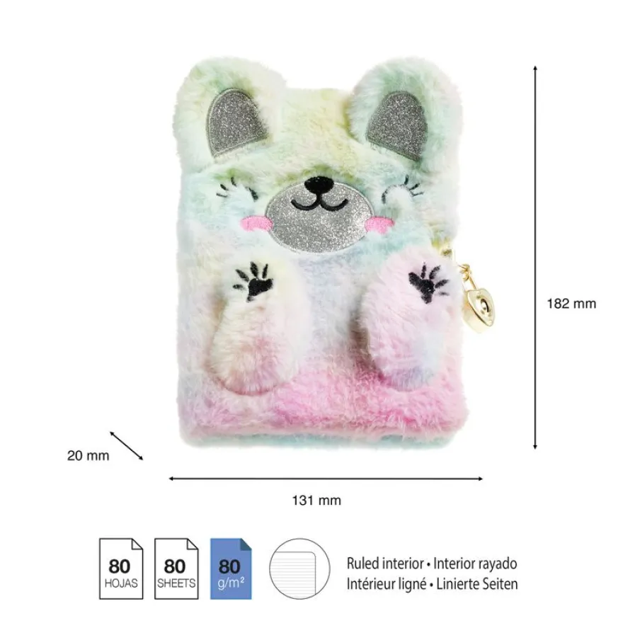 Journal intime ours en peluche avec oreilles en relief - visage brodé - cadenas - 80 pages lignées 80 g