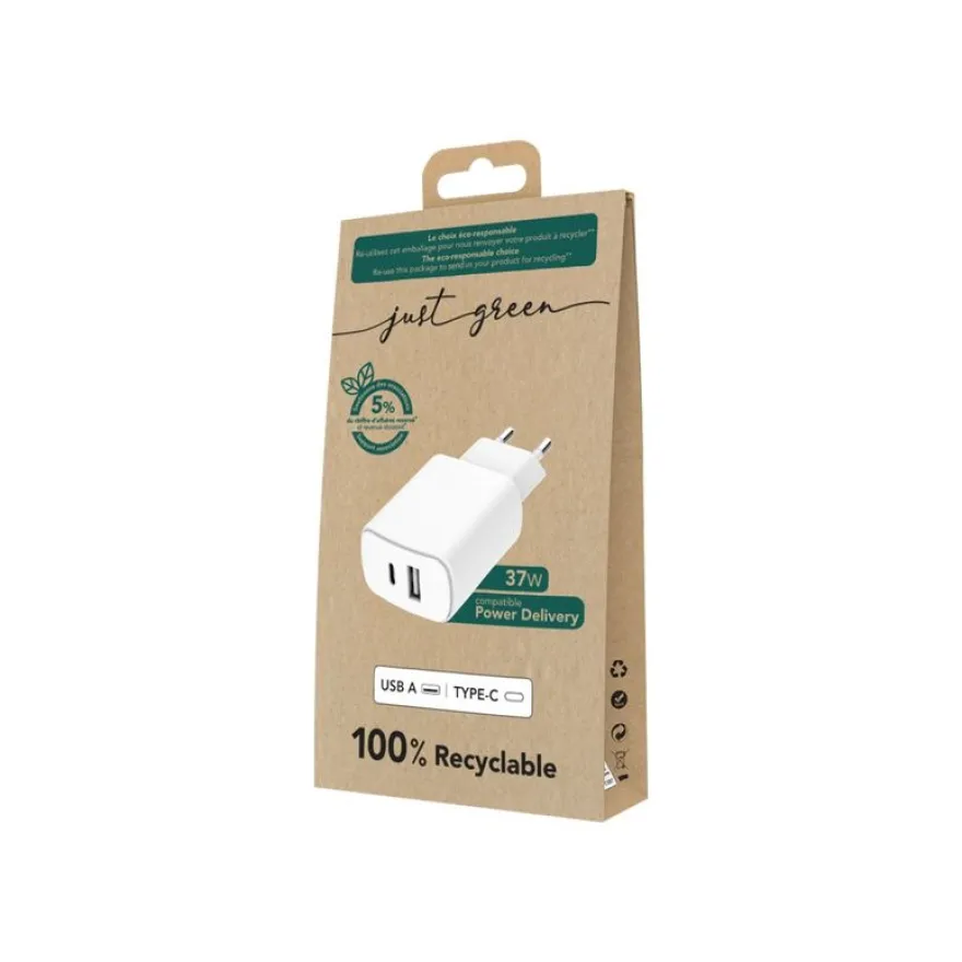 Just Green - Chargeur secteur pour smartphone - USB A & USB-C - blanc - 37W