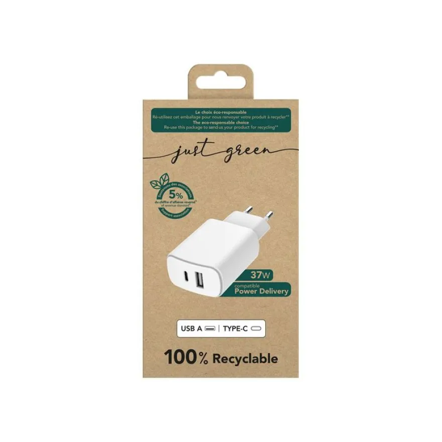 Just Green - Chargeur secteur pour smartphone - USB A & USB-C - blanc - 37W