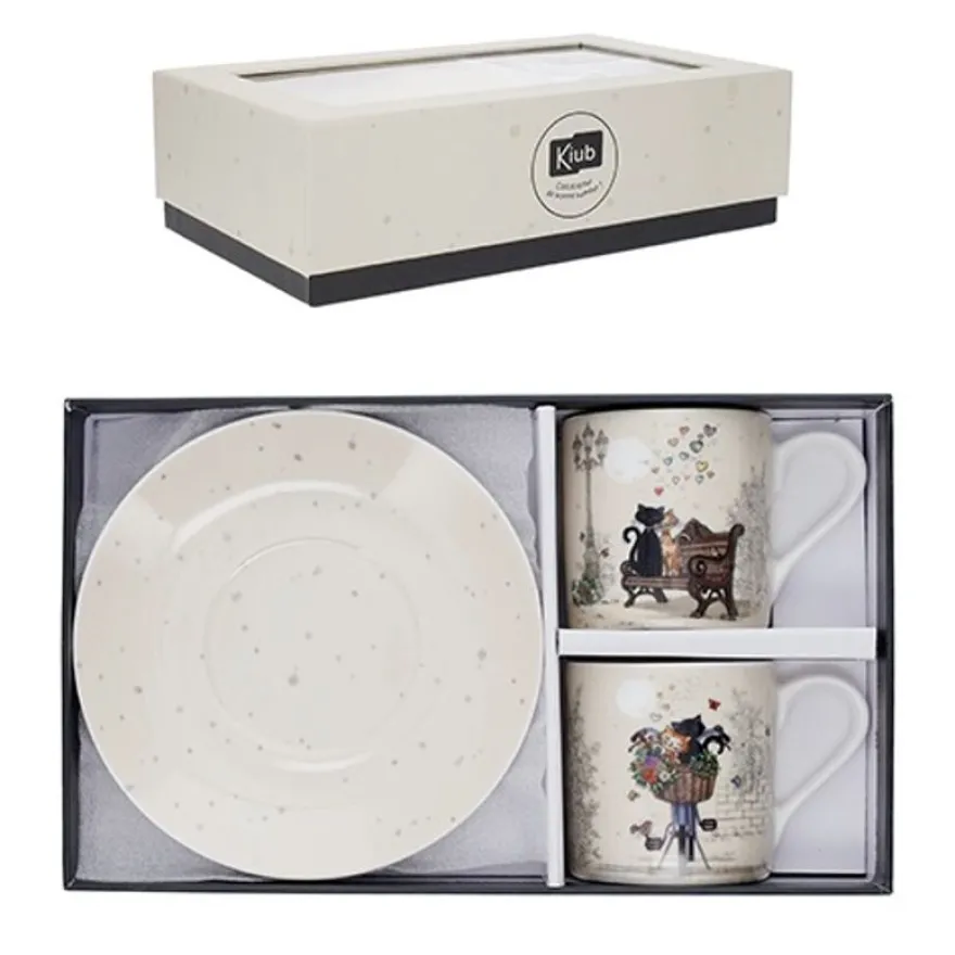 Kiub - Coffret Duo Tasses Café avec Soucoupes - Porcelaine - Collection Bug Art - 26 x 17 x 6.5 cm - Disponible dans différents assortiments