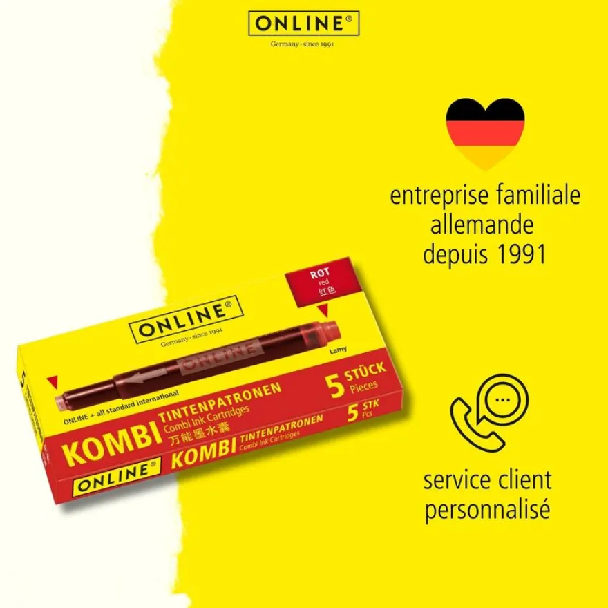 Kombi - Cartouches d'encre rouge pour stylos plume standard et stylos plume Lamy