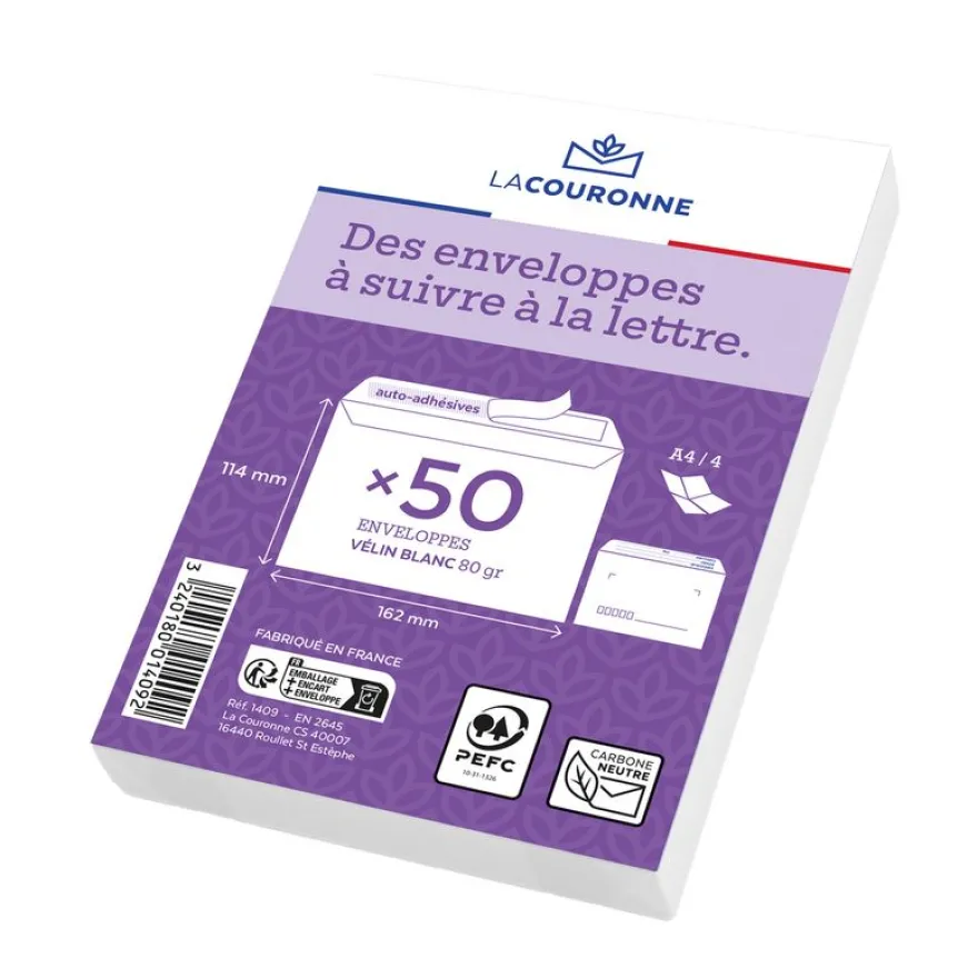 La Couronne - 50 Enveloppes précasées C6 114 x 162 mm - 80 gr - sans fenêtre - blanc - bande auto-adhésive