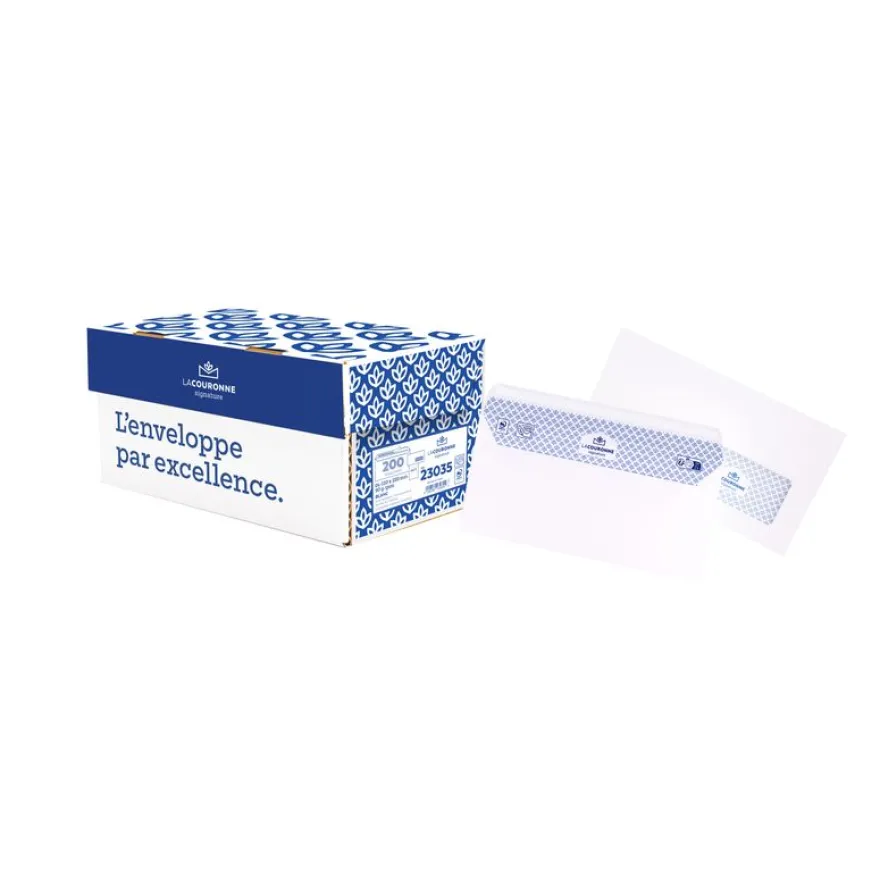 La Couronne - 200 Enveloppes DL 110 x 220 mm - 90 gr - fenêtre polyester 45x100 mm - blanc - bande auto-adhésive - Ouverture facile