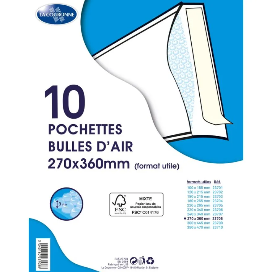 La Couronne - 10 Pochettes bulles - 270 x 360 mm - autocollant - blanc