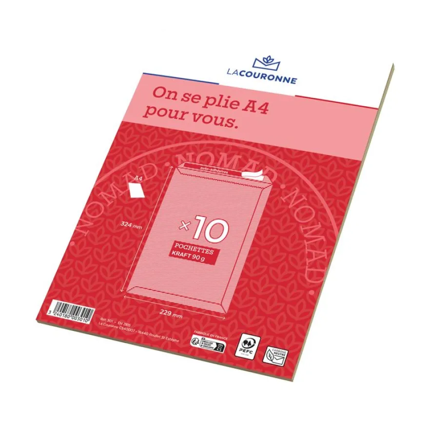 La Couronne - 10 Pochettes C4 229 x 324 mm - 90 gr - sans fenêtre - brun - bande auto-adhésive
