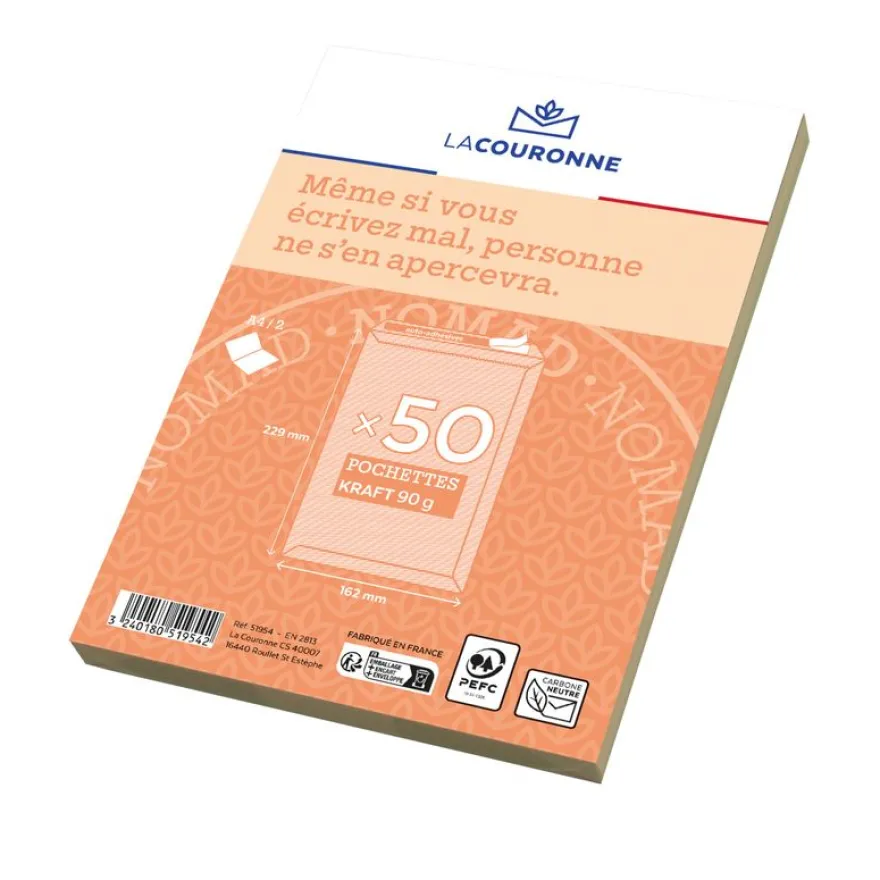 La Couronne - 50 Pochettes C5 162 x 229mm - 90 gr - sans fenêtre - brun - bande auto-adhésive