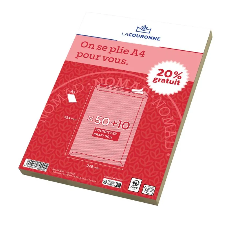 La Couronne - 60 Pochettes (dont 20% gratuit) - C4 229 x 324 mm - 90 gr - sans fenêtre - brun - bande auto-adhésive