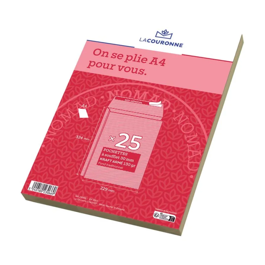 La Couronne - 25 Pochettes kraft armé - C4 229 x 324x30 mm - 130 gr - sans fenêtre - bande auto-adhésive