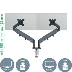 Leitz Ergo – Bras double pour écrans 17"-32" – Réglable et ergonomique – Gris foncé