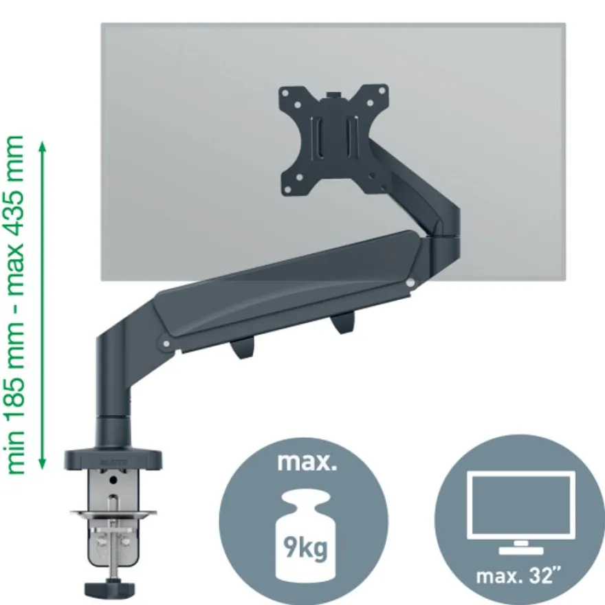 Leitz Ergo – Bras pour écran simple 17"-32"– Hauteur réglable & gain d’espace – Gris foncé