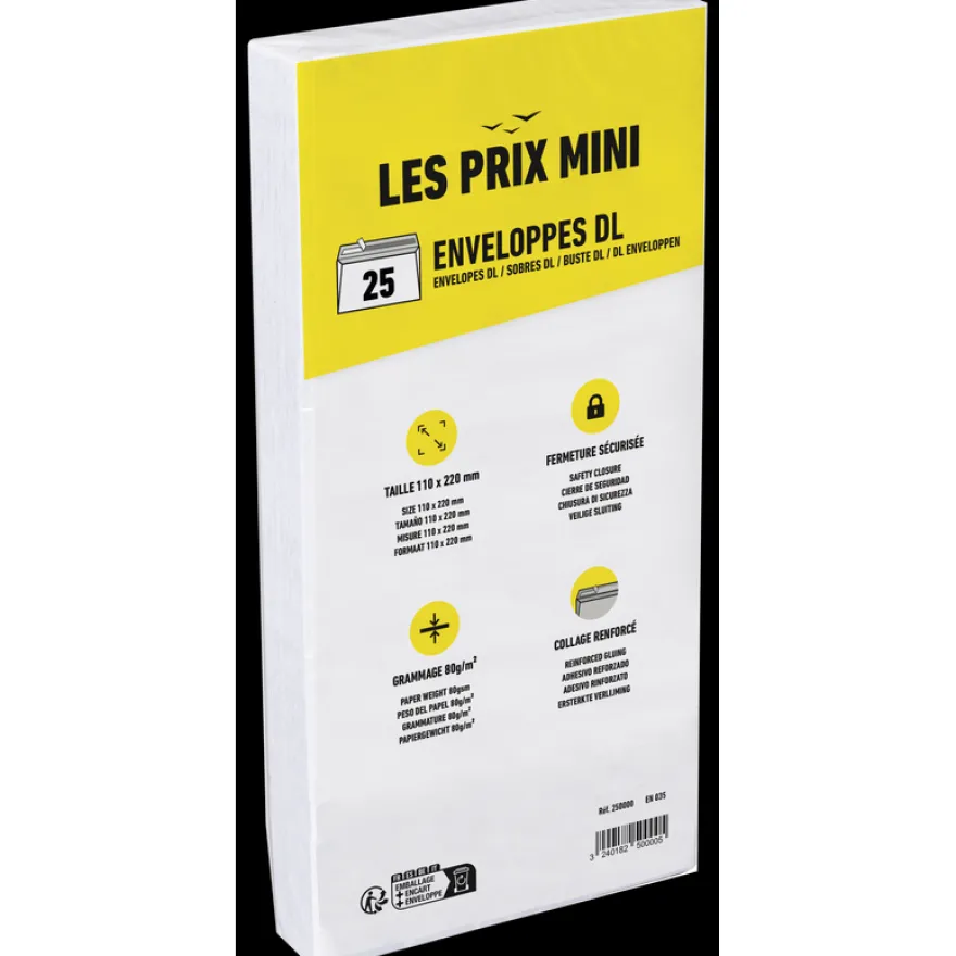 Les Prix Mini - 25 Enveloppes - DL 110 x 220 mm - 80 g/m² - blanc - bande adhésive