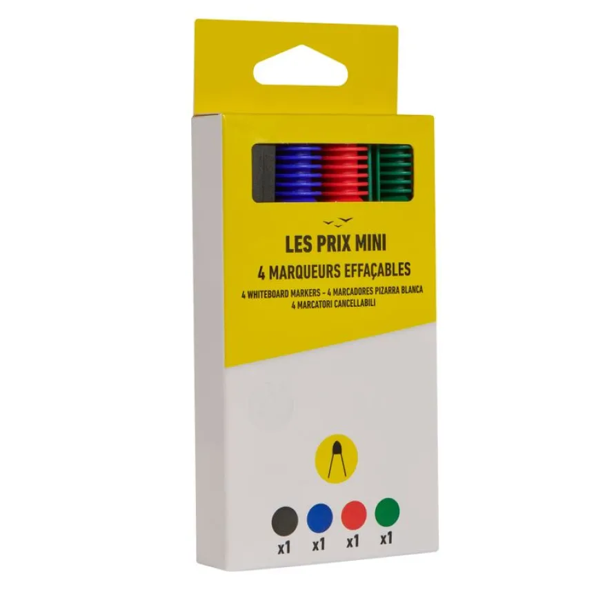 Les Prix Mini – 4 marqueurs effaçables - pointe large - couleurs assorties