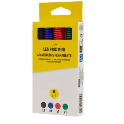 Les Prix Mini – 4 marqueurs permanents pointe large – Bleu, noir, rouge et vert