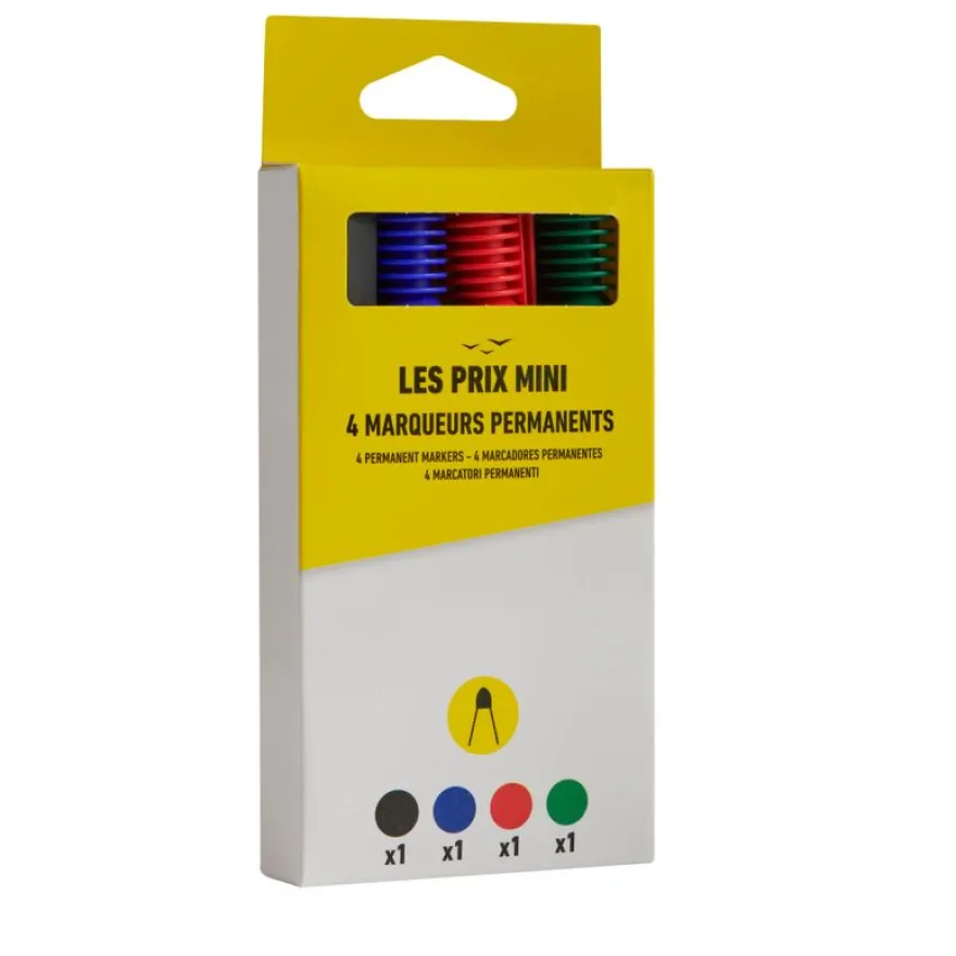 Les Prix Mini – 4 marqueurs permanents pointe large – Bleu, noir, rouge et vert