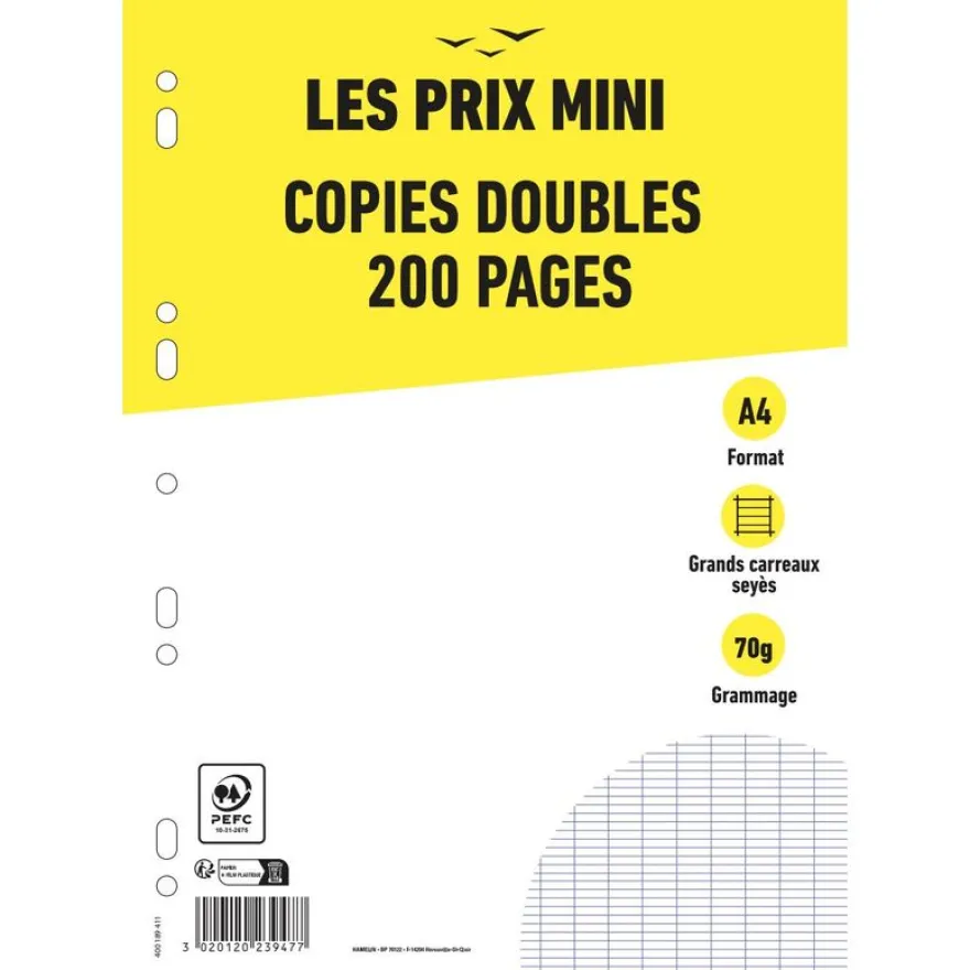 Les Prix Mini - copies doubles - 200 pages - A4 - grands carreaux (Seyes) - perforées