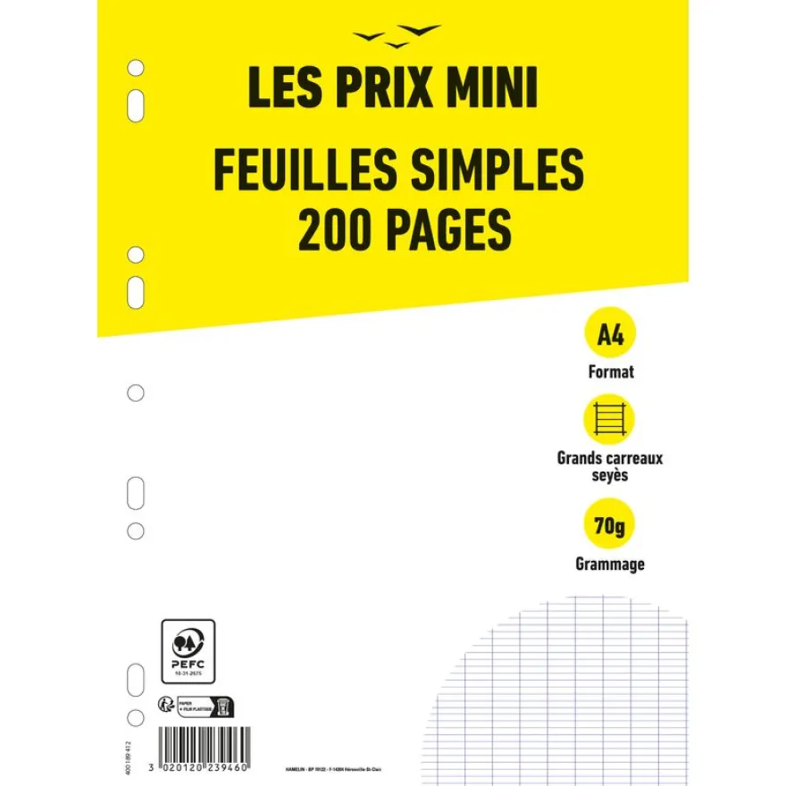 Les Prix Mini - feuilles simples A4 - 200 pages - grands carreaux (Seyes) - perforées
