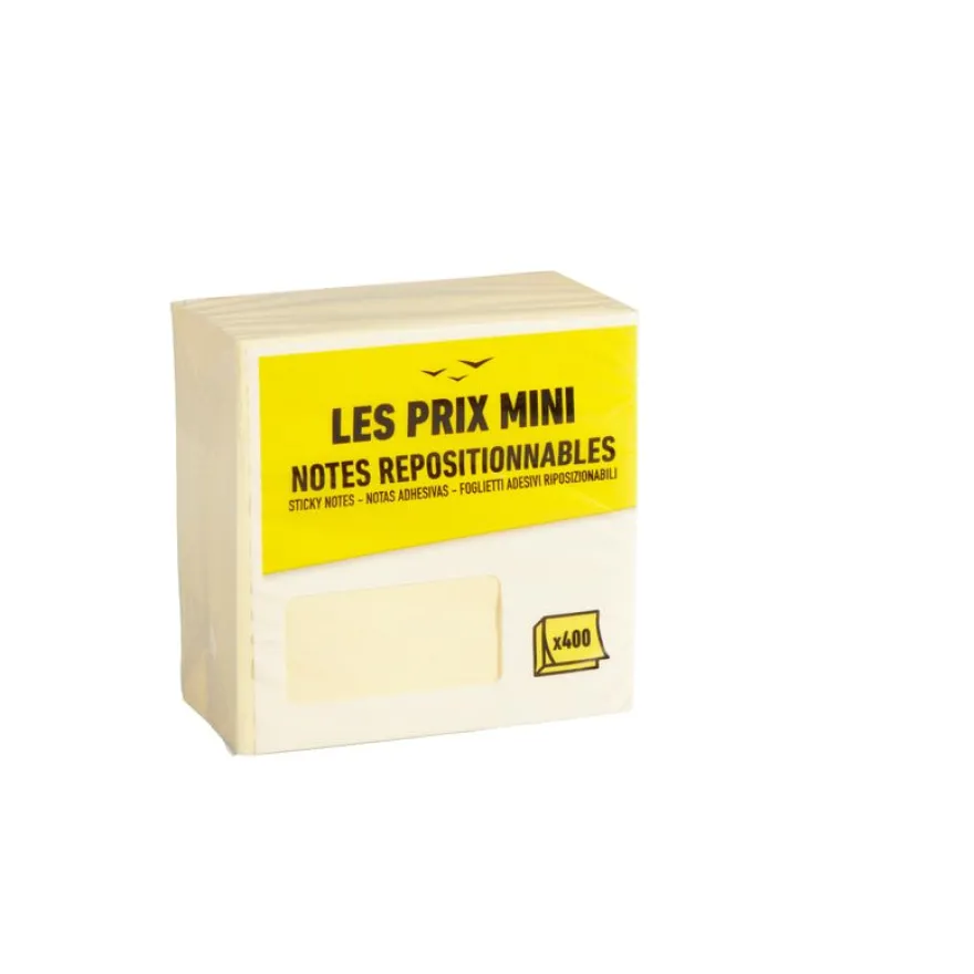 Les Prix Mini - Bloc Cube notes repositionnables - 400 feuilles - 76 x 76 mm - jaune pastel