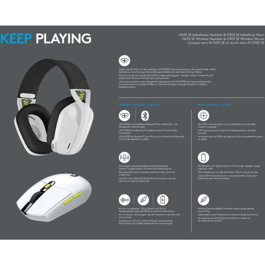 Logitech G435 SE +G305 SE - pack gaming casque + souris Lightspeed sans fil - blanc et noir