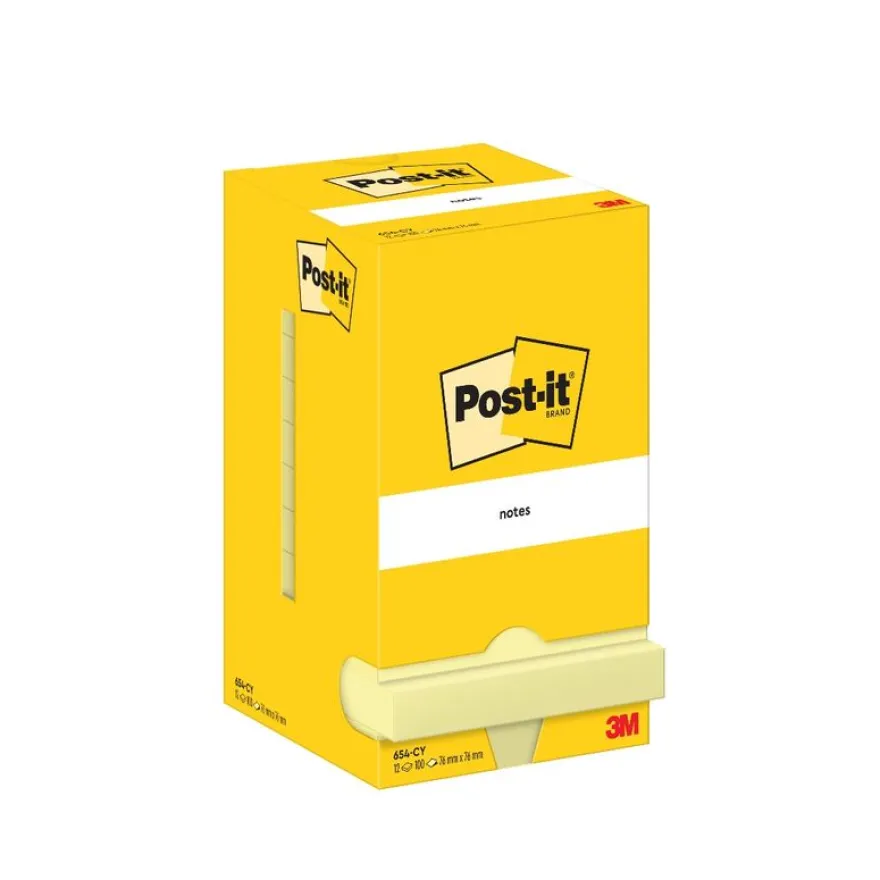 Lot de 12 blocs Notes Post-it® Jaune Canari 76 mm x 76 mm, 100 Feuilles/Bloc 100% PEFC