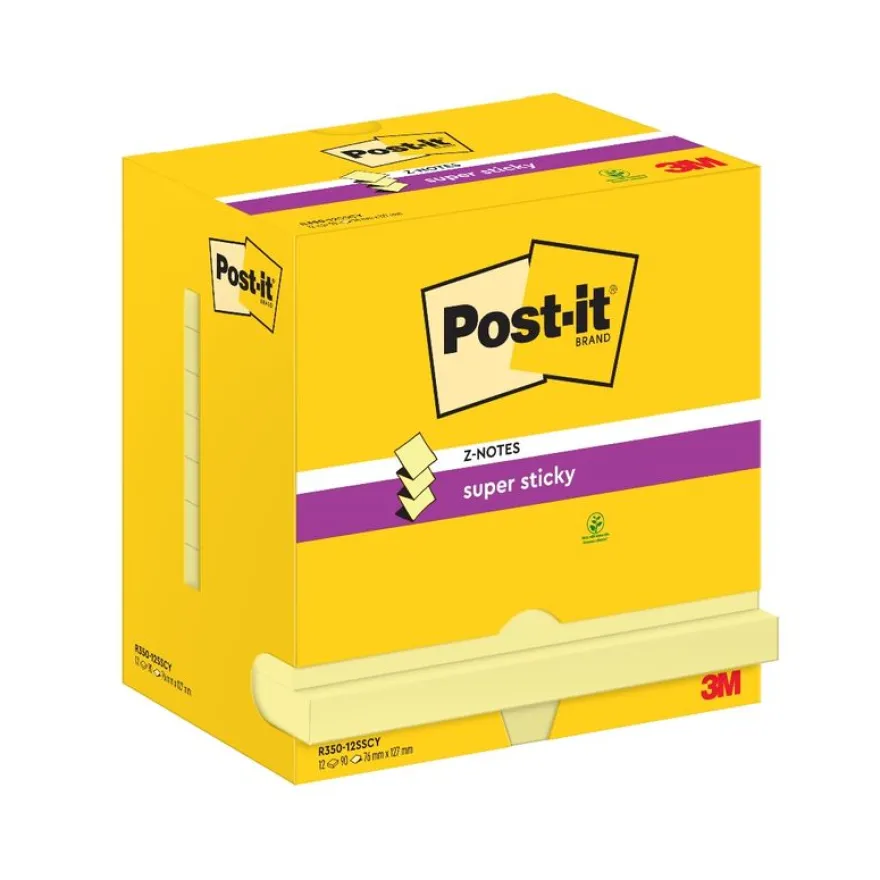 Lot de 12 blocs Z-Notes Post-it® Super Sticky, Jaune Canari, 76 mm x 127 mm, 90 Feuilles/Bloc 100% PEFC